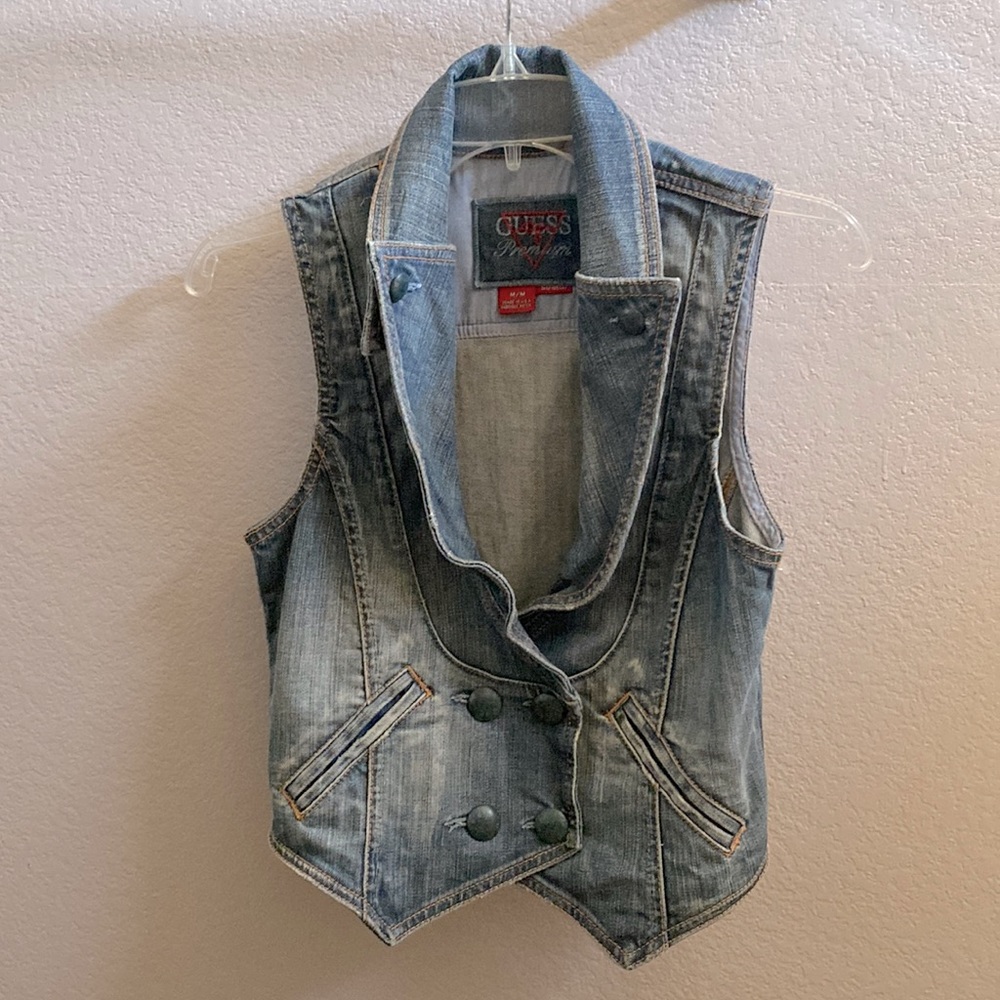 Guess Medium Dark Blue Wash Sleeveless Jean Jacket/Vest